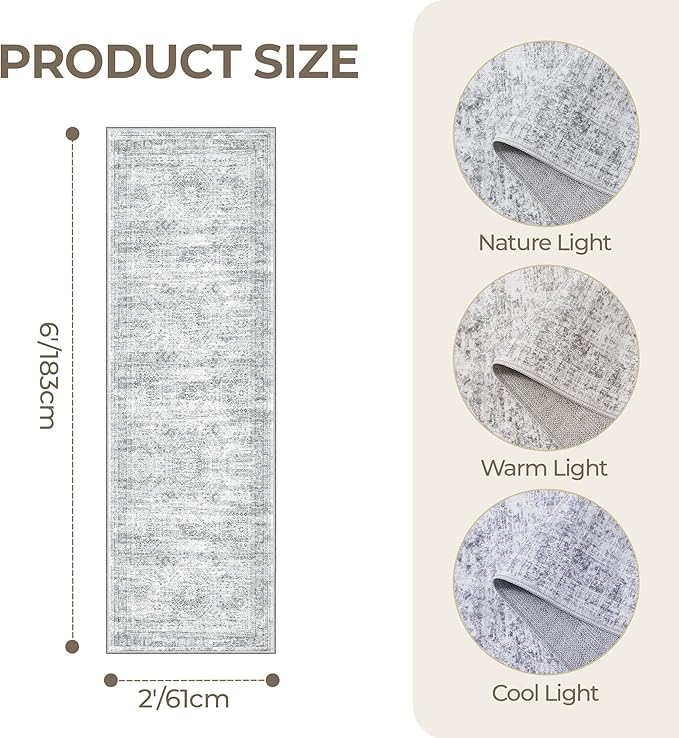 Washable Runner Rugs for Bedroom - 2x6 Runner Rug Non Slip, Ultra-Thin Entryway Runner, Soft Abstract Kitchen Runner for Hallway, Laundry, Bathroom, Indoor Door Mat(2'x6', Grey/Ivory)