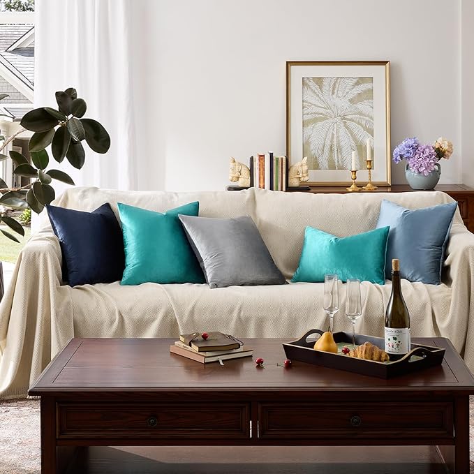 GIGIZAZA Decorative Throw Pillow Covers 16x16,Set of 2 Teal Square Couch Pillow Covers,Velvet Sofa Boho Cushion Pillows