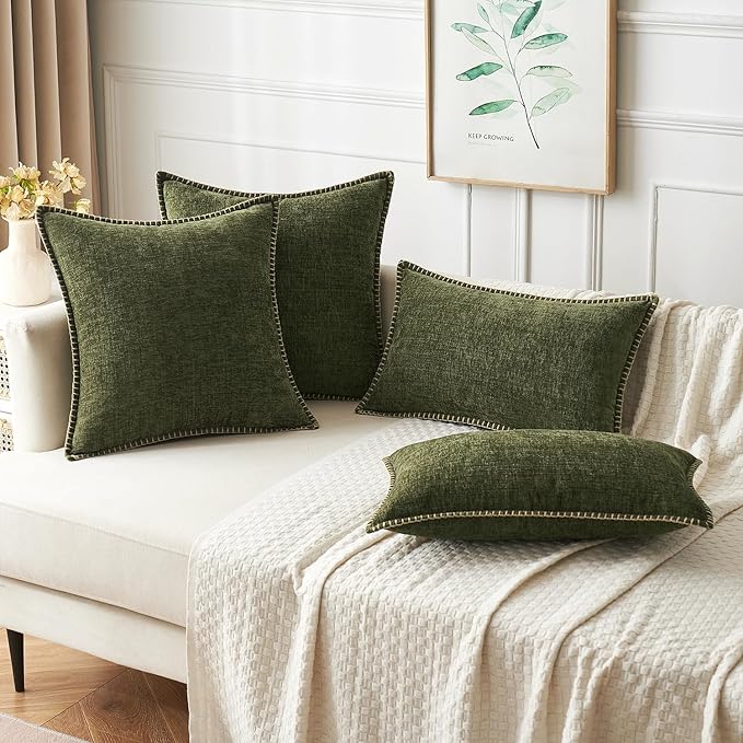 MIULEE Pack of 2 Couch Throw Pillow Covers 12x20 Inch Olive Green Farmhouse Decorative Pillow Covers with Stitched Edge Soft Chenille Solid Dyed Spring Pillow Covers for Sofa Bed Living Room