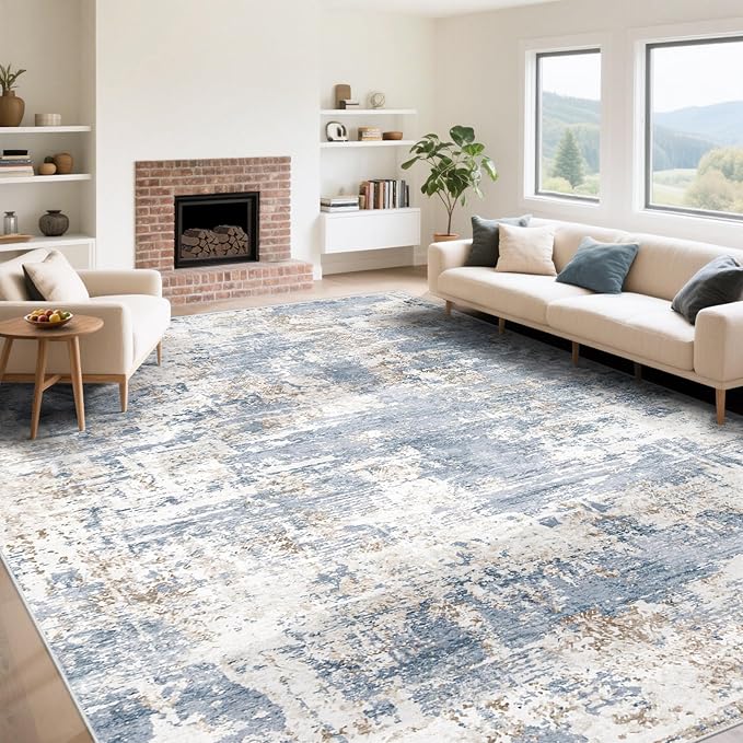 XLUEZ 9x12 Area Rug for Living Room, Washable Modern Abstract Large Area Rug Neutral Soft Non Slip Kids Rug Stain Resistant Indoor Carpet for Bedroom Dining Room Playroom Office(Blue, 9'x12')