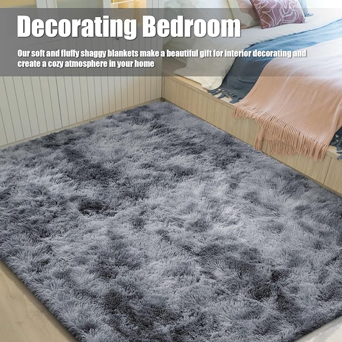 Ultra Soft Fluffy Area Rugs for Bedroom Living Room 10x14, Nursery Rug, Non-Slip Carpet for Kids Dorms Decor, Shaggy Bedside Rug, Tie-Dyed Black