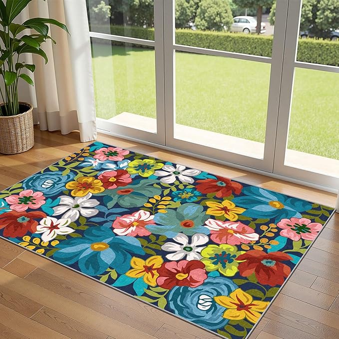 3x5 Boho Entry Rug - Small Washable Indoor Outdoor Mats for Front Door Non-Slip Porch Rug Spring Summer Colorful Floral Throw Rugs for Living Room Bedroom Entryway Kitchen Office Porch Decor