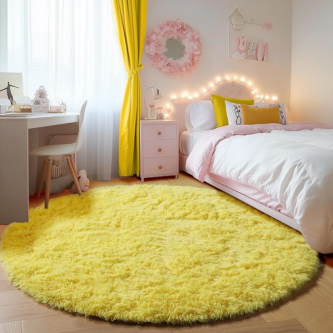 ONASAR Yellow Round Area Rugs 4ft for Bedroom Living Room, Fluffy Circle Rug for Kids Girls Boys Teen, Soft Plush Shaggy Carpet for Nursery Dorm Classroom Playroom Home Decor Aesthetic