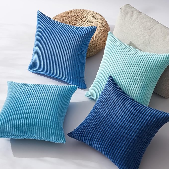 Topfinel Blue Throw Pillow Covers 18x18 Inch Set of 4,Soft Accent Corduroy Decorative Cushion Cover,Square Modern Pillow Case for Beach,Patio,Balcony,Living Room,Summer Gradient Shams Home Decor