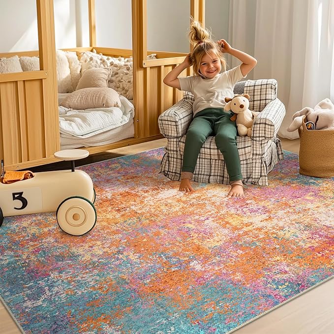 Washable Area Rugs 10'x14 Non-Slip Modern Abstract Soft for Living Room Entryway Bedroom Nursery, Print Pattern, Orange Blue Pink Yellow Colorful