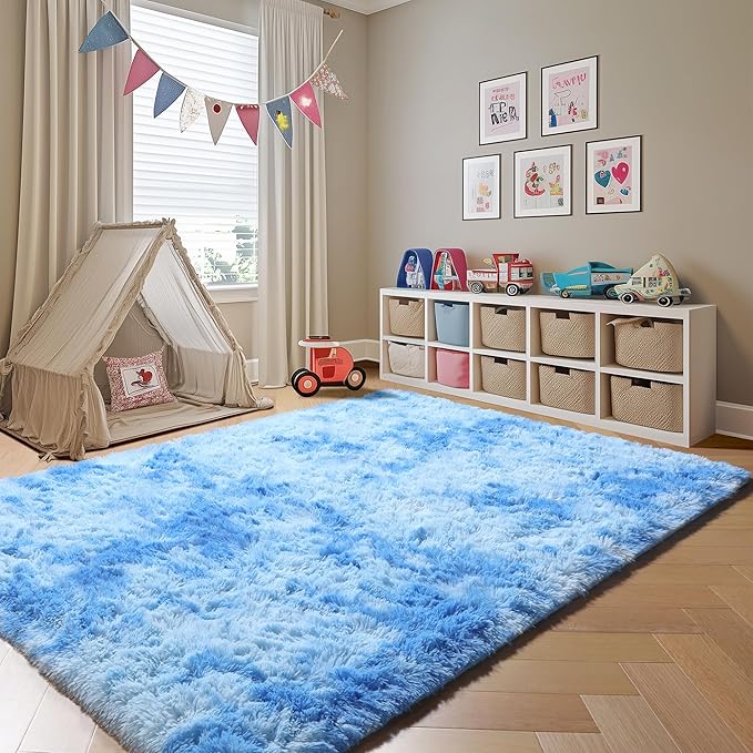 ONASAR Area Rugs for Bedroom Living Room, Fluffy Fuzzy Shag Shaggy 4x6 Bedside Tie-Dye Blue Rug, Soft Plush Indoor Floor Carpet for Nursery Kids Girls Boys Teen Dorm Home Office Decor Aesthetic