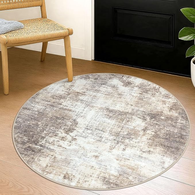 IOHOUZE Round Area Rug 3 Ft Circle Entryway Rugs Round Washable Door Mat Indoor Entrance, Non Slip Circle Front Door Rug, Printed Abstract Faux Wool Floor Carpet for Foyer Porch Sink, Beige Brown