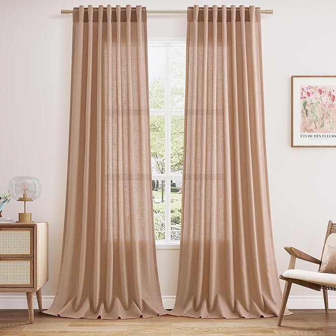 Nanspring Linen Curtains 108 Inches for Baby Girl Bedroom Set Extra Long Back Tab Curtain Light Filtering Semi Sheer Peach Drapes Floor to Ceiling Curtain for Large Windows 52x108,2 Panels