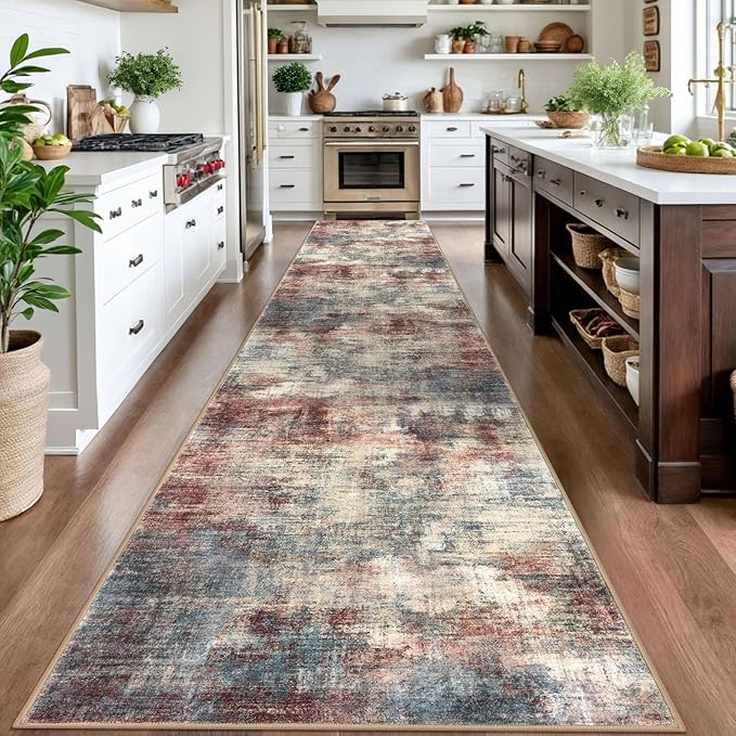 IOHOUZE Abstract Runner Rug 3x16 Ft Washable Runners for Hallways, Non Slip Kitchen Runner Printed Faux Wool Entryway Runner Indoor, Modern Abstract Floor Carpet for Hall Stair, Red/Multi