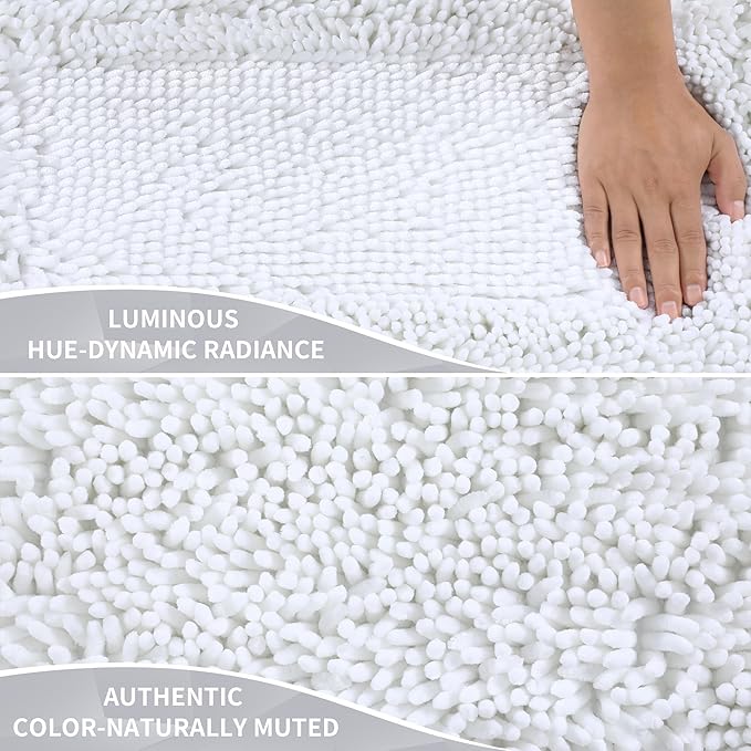 Bath Rug Runner 60x24 Inch White Chenille, Non-Slip, Machine Washable