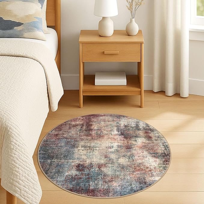 IOHOUZE Round Area Rug 3 Ft Circle Entryway Rugs Round Washable Door Mat Indoor Entrance, Non Slip Circle Front Door Rug, Printed Abstract Faux Wool Floor Carpet for Foyer Porch Sink, Red/Multi