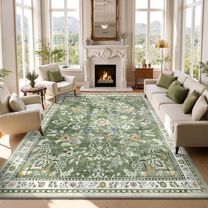 Yamaziot Washable Area Rug 8x10 – Large Non-Slip Boho Floral Living Room Rug with Rubber Backing, Low Pile Distressed Carpet for Bedroom, Living Room, Dining Room, Green