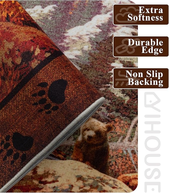 YIHOUSE Rustic Cabin Area Rug for Bedroom 4x6,Machine Washable Forest Bear Rug,Non-Slip Low Pile Print Pattern Mountain Rug for Living Room