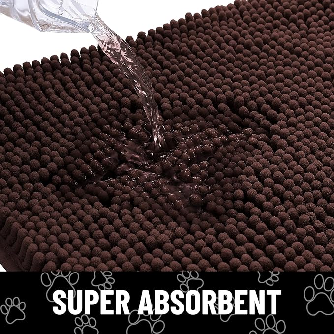 Smiry Dog Door Mat for Muddy Paws, Absorbent Dirt Trapper Non Slip Quick Dry Washable Chenille Mat for Mud Dogs, Entry Rug for Indoor and Outdoor (70x24 Inches, Brown and White)