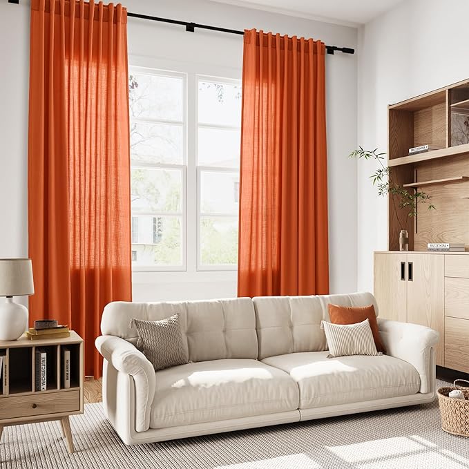 Bright Orange Linen Curtains 90 Inch Long 2 Panels Set for Bedroom Living Room, Soft Linen Textured Window Drapes Semi Sheer Light Filtering Rod Pocket Back Tab Morden Style 52x90