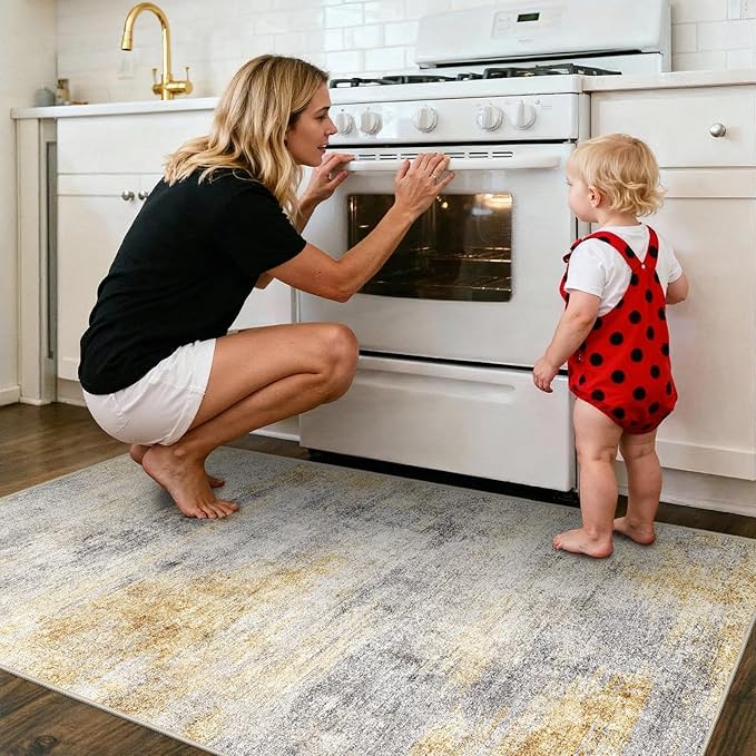 2x4 Washable Entryway Runner Rug: Abstract Small Area Rug Soft Non Slip Door Mat for Hallway Low Pile Thin Stain Resistant Floor Carpet for Kitchen Bedroom Bathroom Bedside Indoor(2x4,Grey/Yellow)