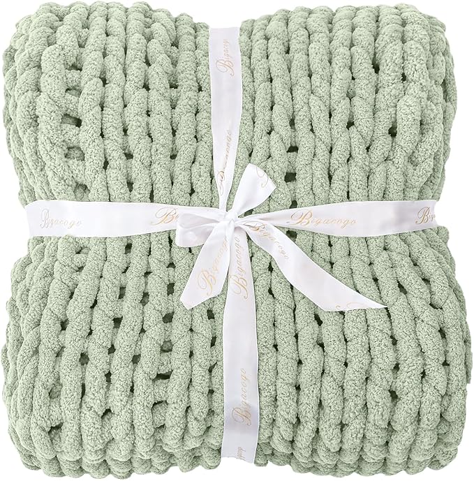 Bigacogo Chunky Knit Throw Blanket for Couch, 40x40 inches, 100% Hand Knitted with Thick Jumbo Chenille Yarn, Cozy Soft Large Rope Knot Cable Crochet Blankets for Sofa Bed Living Room, Sage Green