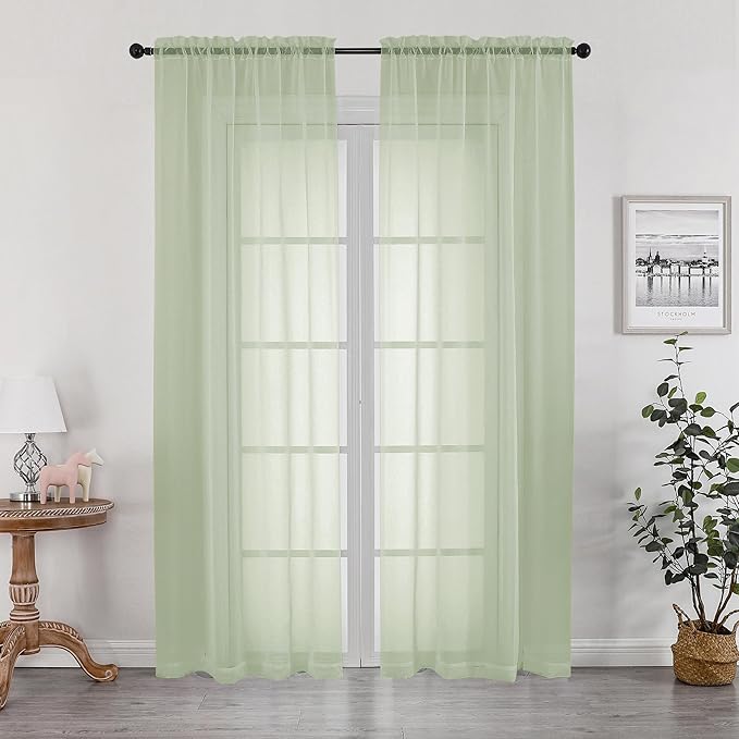 OWENIE Sheer Curtains 78 inches Long 2 Panels Set for Bedroom Living Room, Soft Solid Living Room Rod Pocket Light Filtering Curtains, 2 Pcs Each 42“ W x 78" L, Light Green