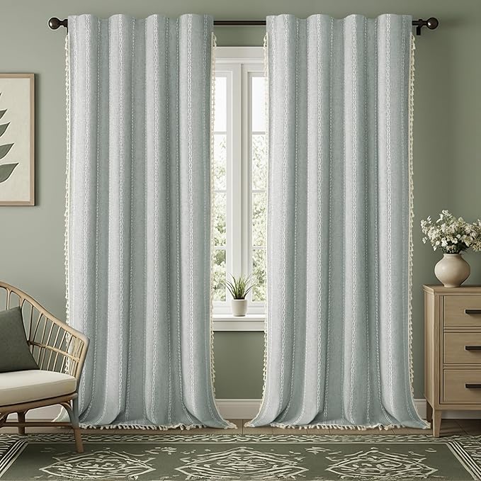 Teal Boho Blackout Curtains 96 Inches Long Light Green Linen Blend 2 Panels with Tassels and Cotton Embroidery, Farmhouse Vintage Rustic Rod Pocket Drapes for Living Room or Bedroom