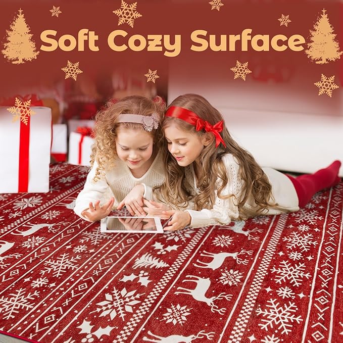 Christmas Runner Rug 2x6 Washable Rugs, Boho Christmas Tree Snowflake Rug Non-Slip Soft Low Pile Non Shedding Indoor Holiday Carpet for Bedroom Bathroom Laundry Staircase Foyer (XmasRed, 2'x6')