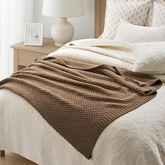 EVERGRACEHOME Chunky Chenille Knit Throw Blanket for Couch, Soft Luxurious Moss Stitch Blankets for Bed, Cozy Decorative Farmhouse Knitted Throws for Sofa, Camel Brown, 50" x 60"