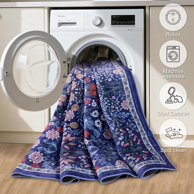 Round Area Rug for Living Room: 4 ft Floral Washable Circle Rug Soft Boho Non-Slip Carpet Indoor Stain Resistant Low Pile Small Circular Rug for Bedroom Entryway Kitchen Nursery Home Office Blue
