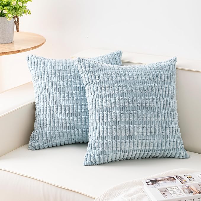 Pack of 2 Corduroy Decorative Throw Pillow Covers 16x16 Inch Soft Striped Pillow Covers Modern Farmhouse Home Decor for Sofa Living Room Couch Bed（Sky Blue）