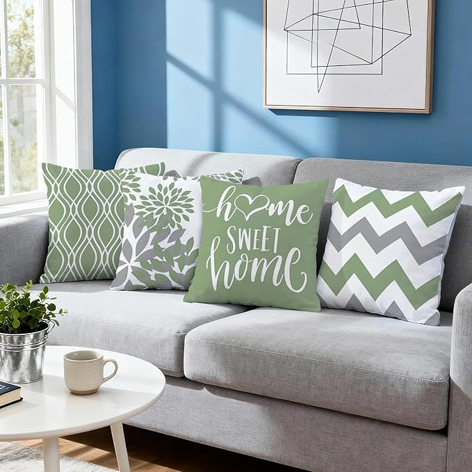 Hexagram Geometric Sage Green Pillow Covers 18x18 Set of 4, Decorative Outdoor Boho Modern Throw Pillow Covers, Home Sweet Home Farmhouse Cushion Case for Couch Sofa Bedroom Indoor Decor(No Insert)