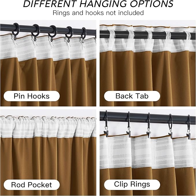 RYB HOME Brownish Gold Velvet Curtains 108 inch, Retro Vintage Room Darkening Window Curtains for Living Room Drafts Block Privacy Shades for Bedroom Playroom Home Theater, W52 x L108 inch, 2 Panels