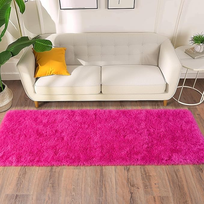 Soft Shag Runner Rugs for Girls Bedroom, 2x6 Hot Pink Fluffy Throw Area Rug Non Slip for Hallways Kids Bedside Dorm, Long Shaggy Furry Carpet for Nursery Living Room