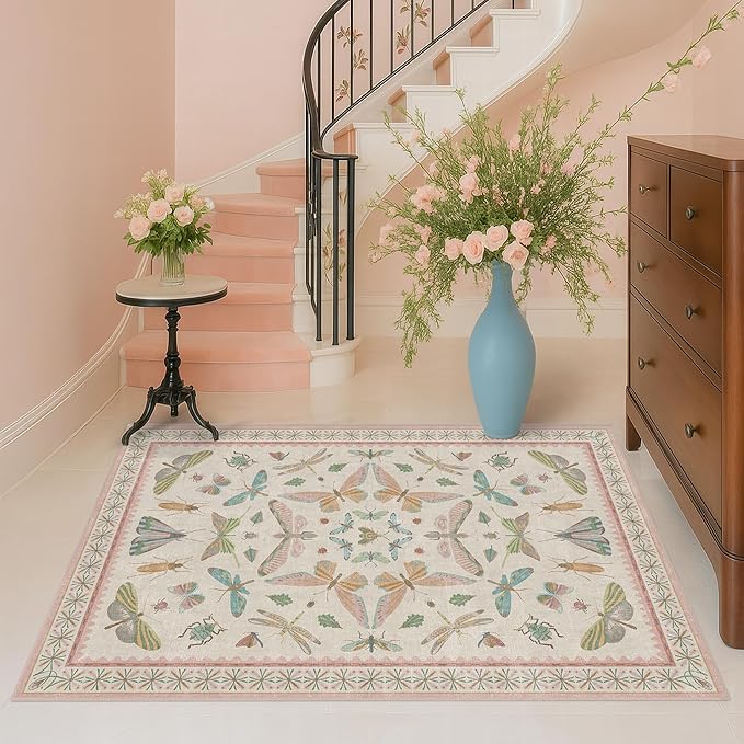 Hazo Haus Neutral Girl Nursery Rug 4x6 - Beige & Pink Rugs for Bedroom, Living Room - Washable Low Pile Non-Slip Charming Insect Print Vintage Girly Design, Perfect for Kids Rooms