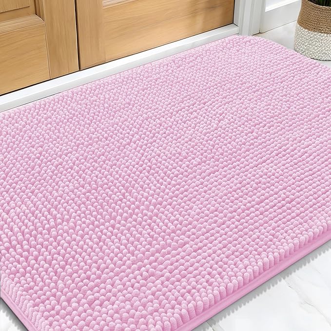 OLANLY Dog Door Mat for Muddy Paws 34x21, Absorbs Moisture and Dirt, Absorbent Non-Slip Washable Doormat, Quick Dry Chenille Mud Mat for Dogs, Entry Indoor Entryway Carpet for Inside Floor, Pink