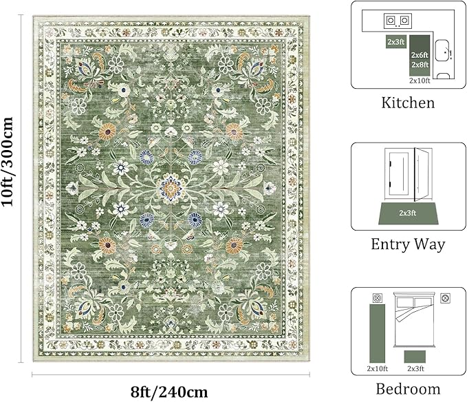 Yamaziot Washable Area Rug 8x10 – Large Non-Slip Boho Floral Living Room Rug with Rubber Backing, Low Pile Distressed Carpet for Bedroom, Living Room, Dining Room, Green