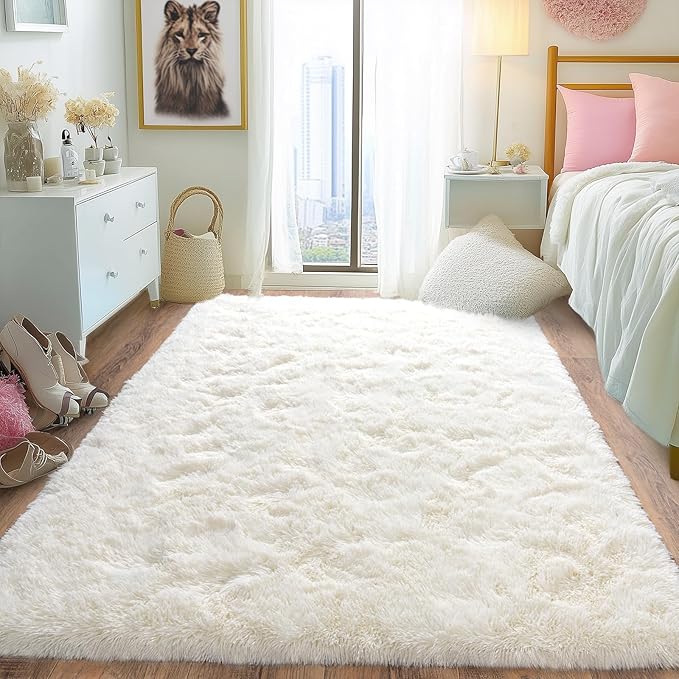 Pionblank Fluffy Area Rug for Bedroom 4x6 Feet, Indoor Plush Carpet, Shag Soft Bedside Rug, Cute Comfy Furry Rug for Living Room Dorm Girls Boys Room Nursery Decor, Cream White