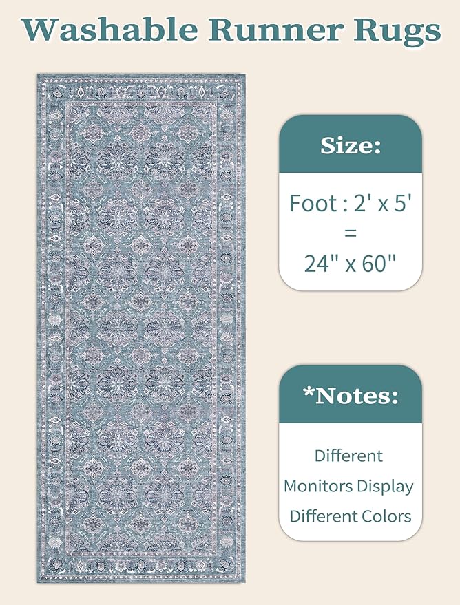 SERISSA Boho Washable Runner Rug, 2x5 Rug Non-Slip Vintage Floral Hallway Kitchen Runner Rug Ultra Soft Print Distressed Blue Grey Floor Carpet for Bedroom Bathroom Laundry Room