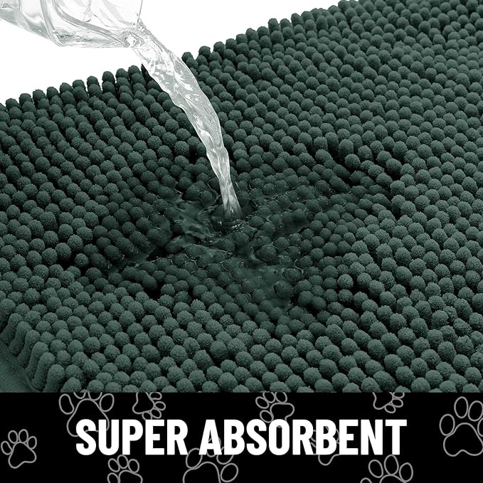 Smiry Dog Door Mat for Muddy Paws, Absorbent Dirt Trapper Non Slip Quick Dry Washable Chenille Mat for Mud Dogs, Entry Rug for Indoor and Outdoor (30x20 Inches, Green and White)