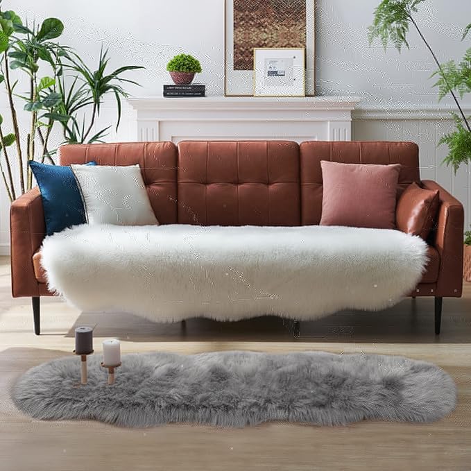 Faux Fur Rug for Bedroom, Gray Fluffy Rug Soft Sheepskin Runner Rug Sofa Couch Seat Cushion, 2x6ft Grey Plush Area Shag Rugs Floor Carpets for Nursery Bedside, Cute Shaggy Fuzzy Home Decor