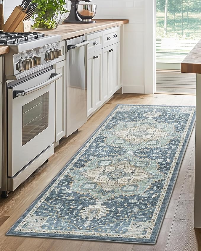 AMADA HOMEFURNISHING 2x6 Washable Runner Rug, Low-Profile Kitchen Rugs with Non-Slip Backing & Durable Edge Binding, Vintage Entryway Runner Rug for Bedroom & Hallway