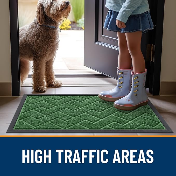 OLANLY Front Door Mat Indoor Outdoor Entrance, Waterproof All-Season, All-Weather Doormat, Sturdy Natural Rubber, Low Profile, Easy Clean Patio Porch Entryway Mat, Herringbone Brick (Green, 47x17)
