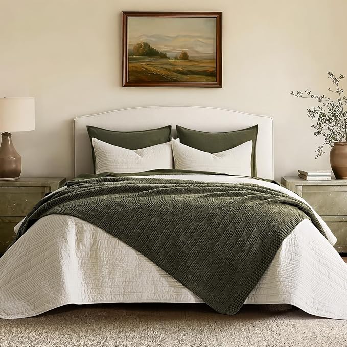 EVERGRACEHOME Modern Checkered Chenille Throw Blanket, Soft Cozy Plaid Knitted Chair Blanket for Sofa Couch, Decorative Knit Throw for Bed and Living Room, Olive Green, 50" x 60"