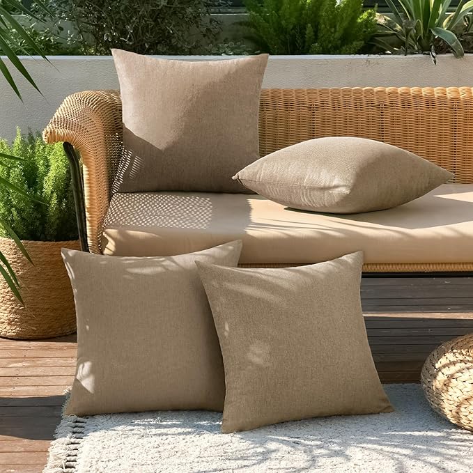 MIULEE Pack of 4 Decorative Outdoor Throw Pillow Covers Linen Waterproof Pillow Covers Farmhouse Cushion Cases for Patio Garden Tent Balcony Couch Sofa 16x16 inch Khaki