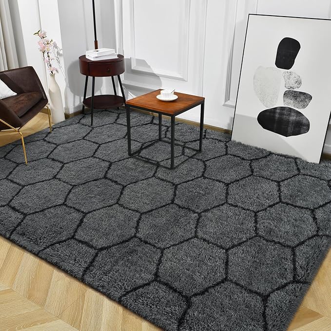 TWINNIS Super Soft Shaggy Rugs Fluffy Carpets, 5x8 Feet, Indoor Modern Plush Area Rugs for Living Room Bedroom Kids Room Nursery Home Decor, Upgrade Anti-Skid Rectangular Fuzzy Rug, Dark Gray