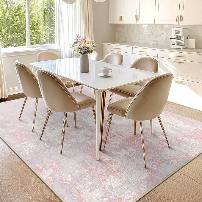 Washable Area Rugs 6'x8' Non-Slip Modern Abstract Soft for Living Room Entryway Bedroom Nursery, Print Pattern, Grey Pink