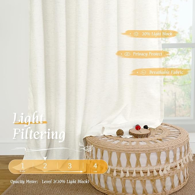 LAMIT Linen Semi Sheer Curtains 84 inch Long 2 Panels, Natural Ivory Soft Light Filtering Living Room Panels Rod Pocket Neutral Window Treatment Privacy Drapes for Bedroom/Farmhouse, 52 x 84 Inch