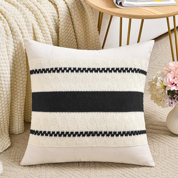 Fancy Homi Set of 1 Boho Black Decorative Throw Pillow Cover 18x18 Inch for Couch Bed Sofa, Aesthetic Modern Organic Farmhouse Home Decor, Soft Cotton Cute Accent Macrame Woven Cushion Case