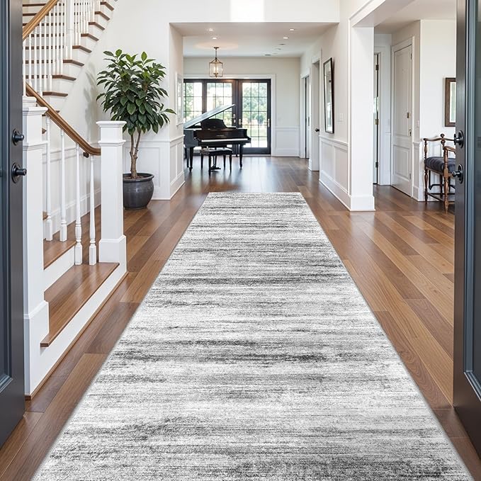 Large Runner Rugs for Hallway 4x20: Non-Slip Washable Wide Carpet - Soft Low-Pile Stain and Spill Resistant Rug for Entryway Living Room Dining Room Balcony Garage Office Grey