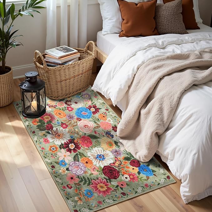 2x4 Entryway Runner Rugs, Non Slip Washable Rugs with Rubber Backing Soft Floral Carpet Runner for Kitchen, Laundry, Bedroom, Bathroom(2 x 4, Green Garden)