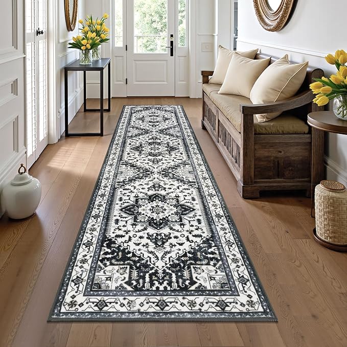 Yamaziot Washable Runner Rug, 2x8 Non-Slip Boho Vintage Hallway Rug Runner with Rubber Backing, Stain Resistant & Low Pile Faux Wool Distressed Carpet Runner for Bedroom, Kitchen, Laundry, Entrance