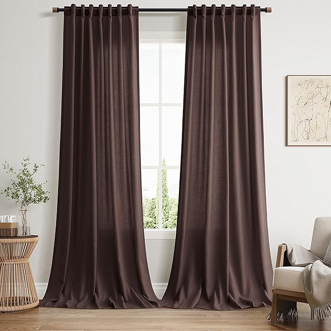 Coffee Brown Linen Curtains 90 inch Length for Living Room/Bedroom Textured Semi Sheer Linen Drapes Country Window Treatment Farmhouse Drop Cloth Curtain 90 inches for Dinning Room 2 Panels