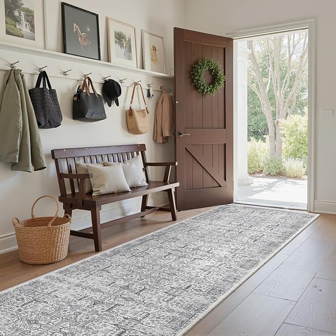 Hallway Washable Runner Rug 2x10 - Non Slip Vintage Kitchen Runner Rugs for Entryway Low-Pile Waterproof Long Runners for Living Room Bedroom Medallion Indoor Floor Mat for Bathroom Laundry Grey